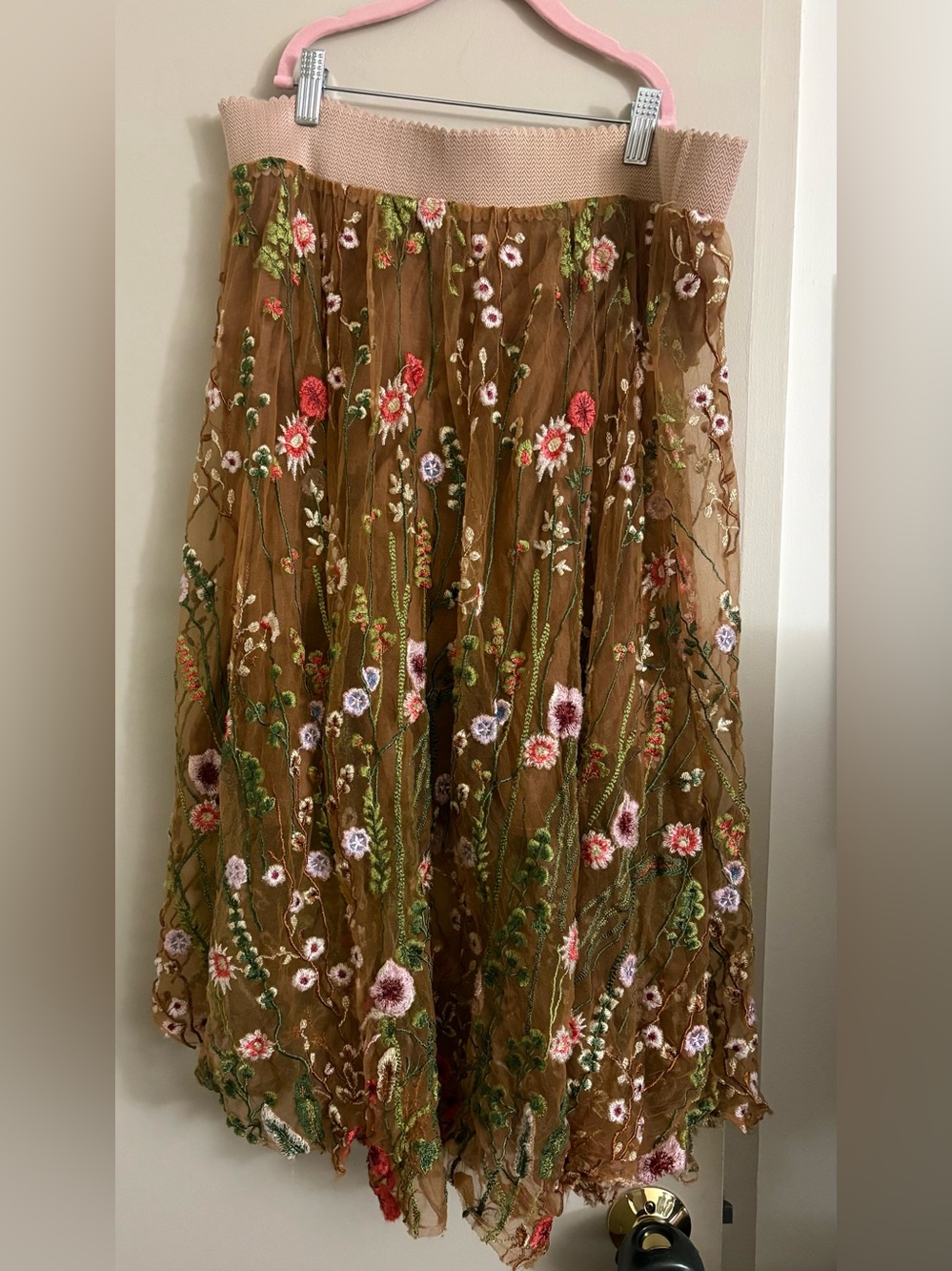 Brown Floral Embroidered Maxi Skirt - Women